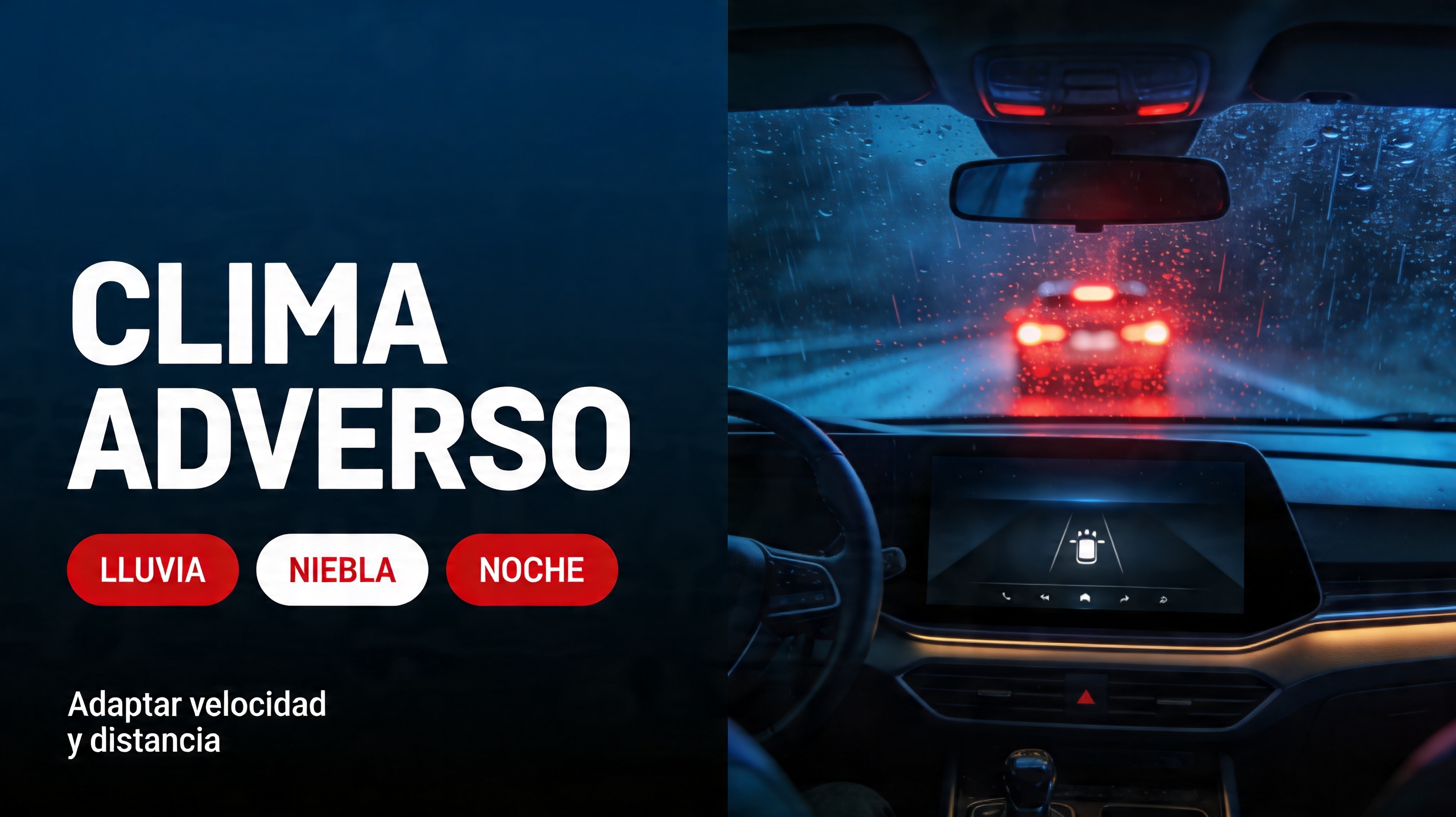 Auto circulando con lluvia y neblina en carretera chilena