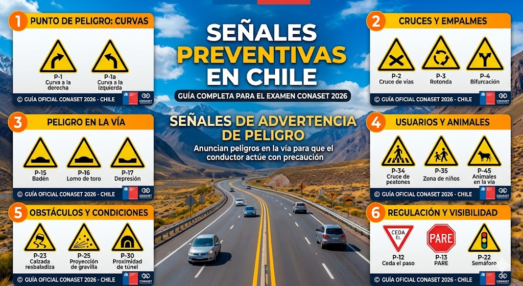 Señal preventiva de curva a la derecha en carretera chilena con fondo de montañas